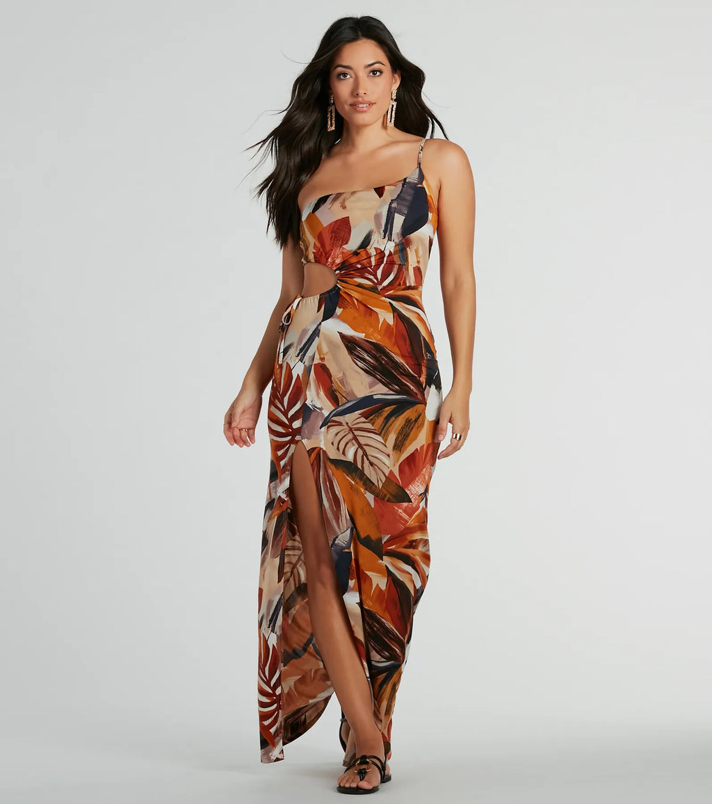 Pretty In Paradise One-Shoulder Tropical Maxi Dress Multi