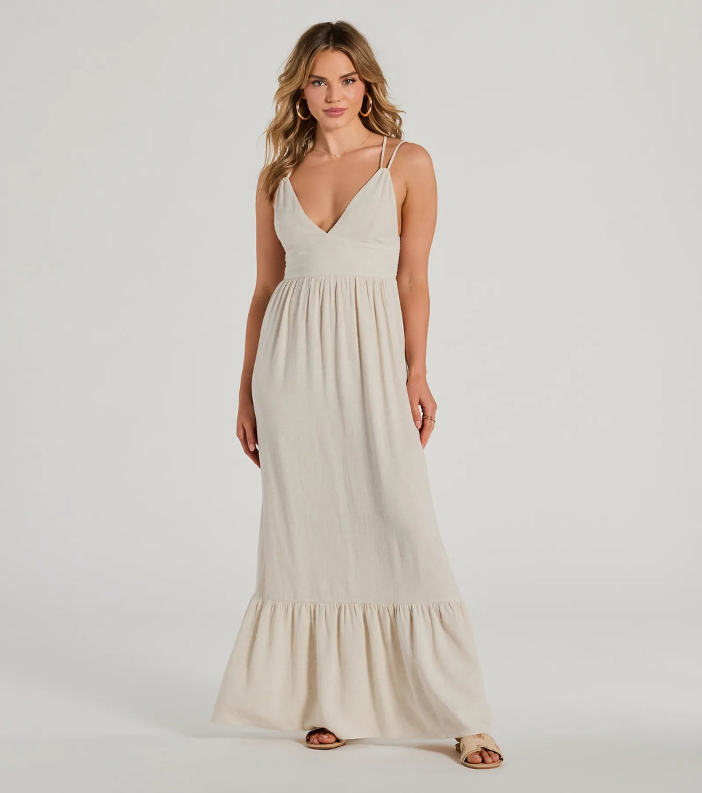 Covetable Charm V-Neck Ruffle Maxi Dress Natural