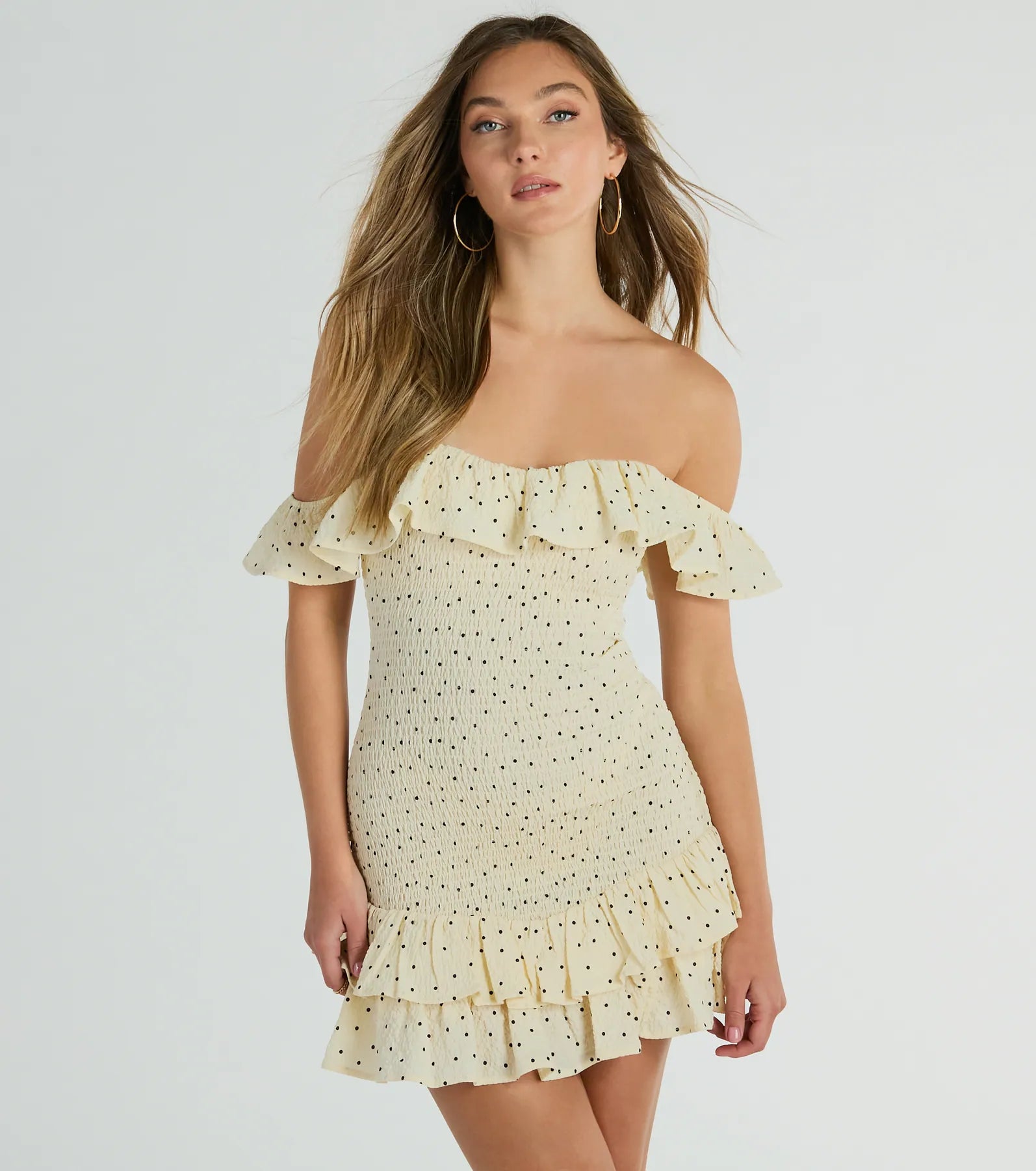 Polka Dots Print Smocked Stretchy Tiered Short Off the Shoulder Bodycon Dress With Ruffles