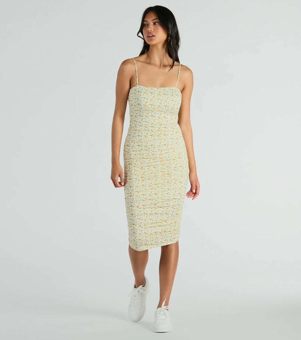 Smell The Garden Square Neck Floral Midi Dress Yellow