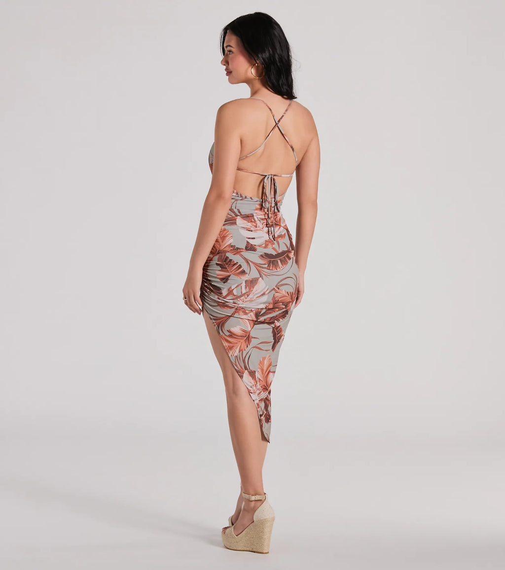 Sweet Escape Lace-Up Tropical Midi Dress Sage