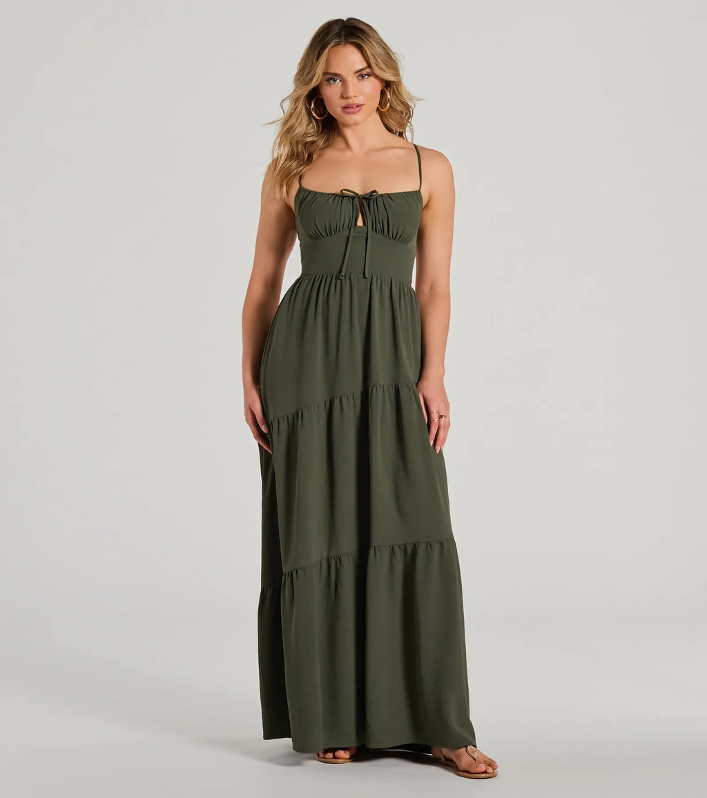 Coastal Dream Lace Up Ruffle Maxi Dress Olive