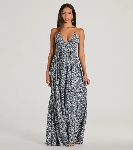 Stroll The Beach V-Neck Paisley Maxi Dress Navy