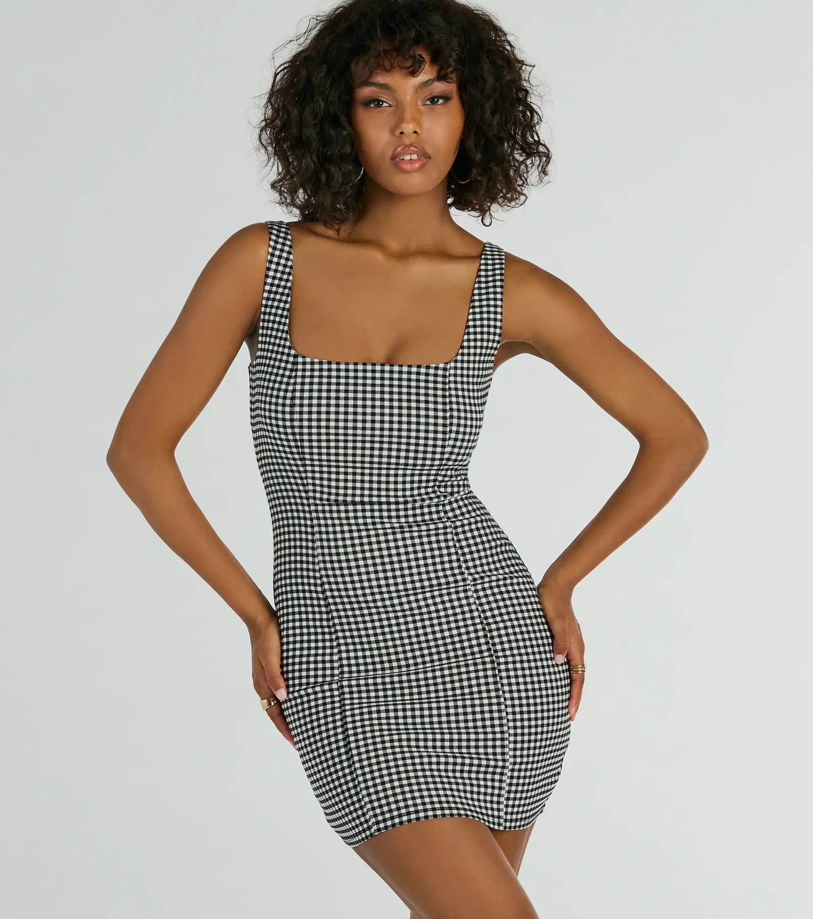 Checkered Gingham Print Scoop Neck Spring Summer Lace Tank Skater Dress/Midi Dress