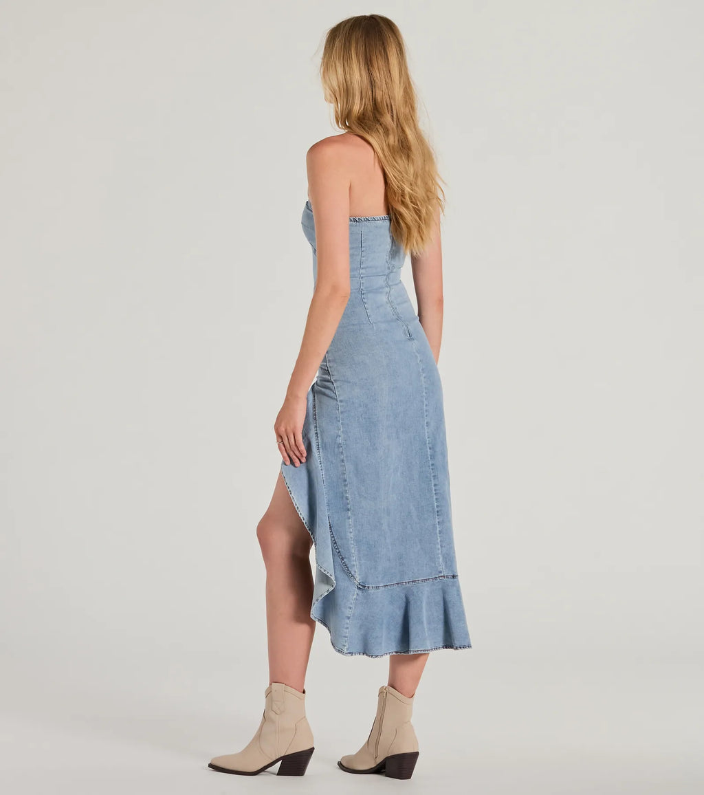 Admiring Style Strapless Ruffle High Low Denim Dress Denim
