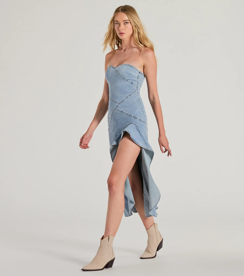 Admiring Style Strapless Ruffle High Low Denim Dress Denim