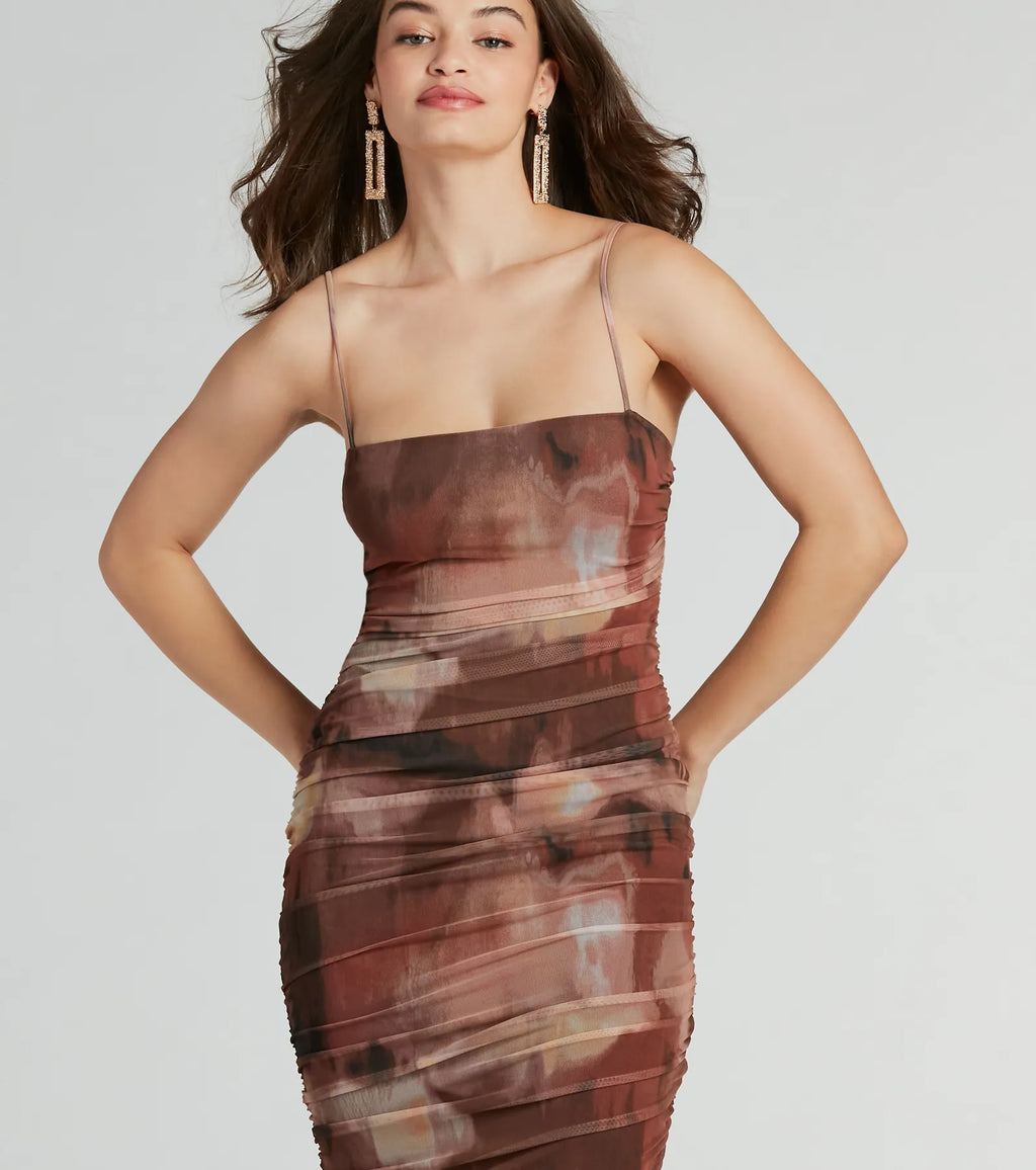 Abstract Babe Ruched Knit Midi Dress Brown Brown-2