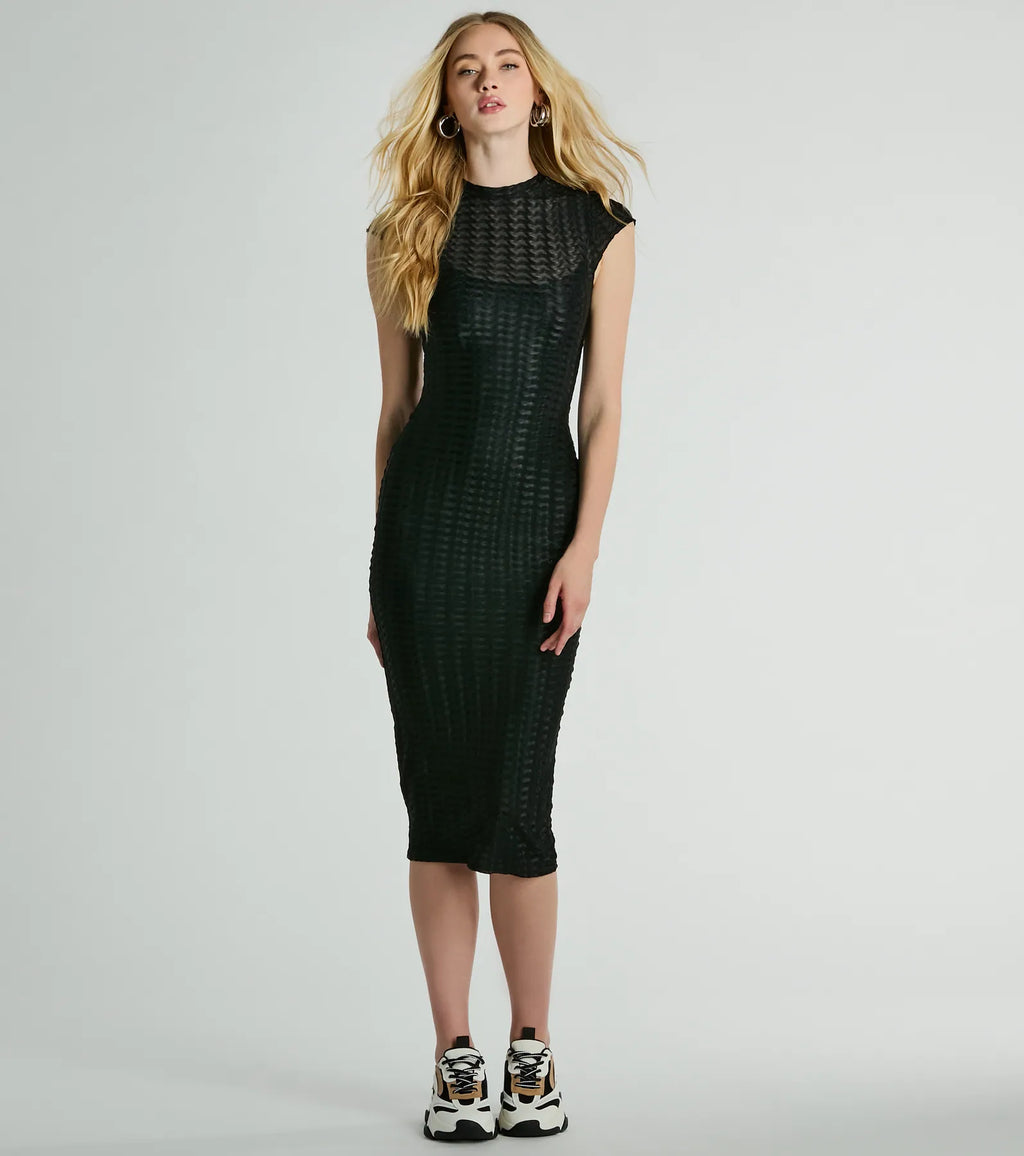 Casually Flawless Textured Crew Neck Midi Dress Black