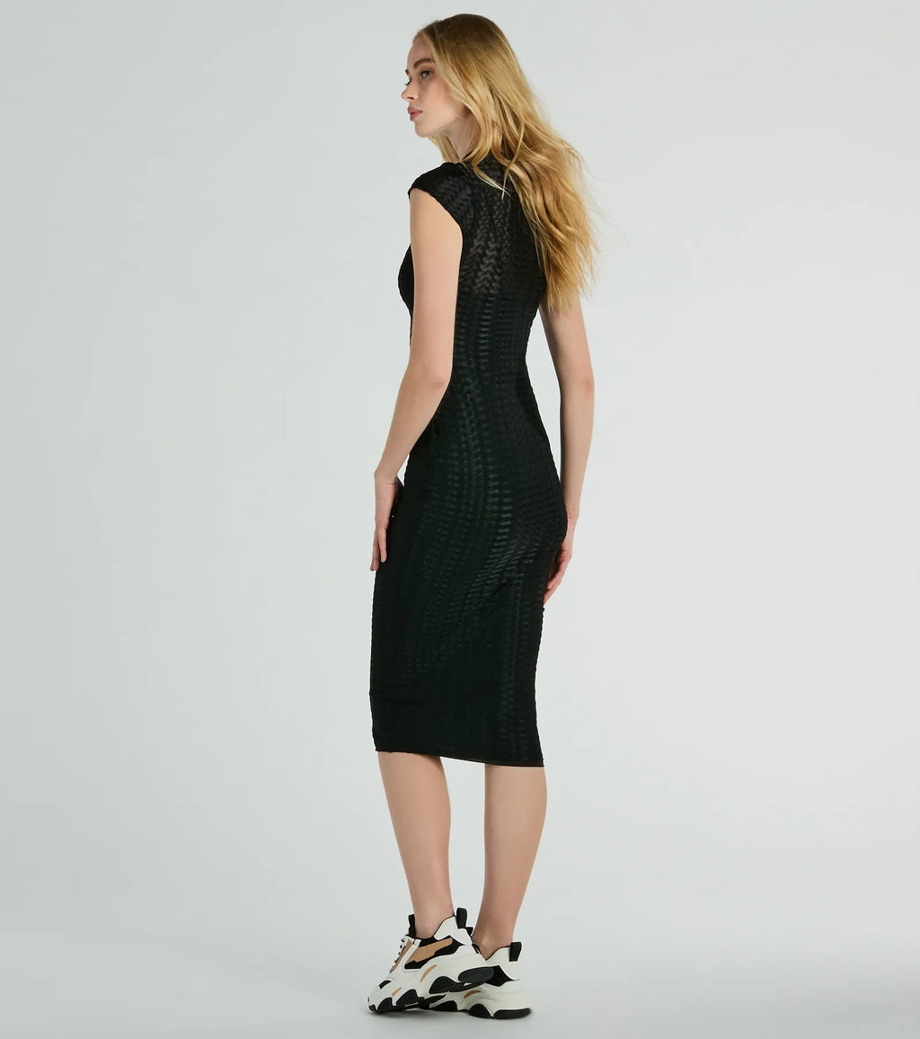 Casually Flawless Textured Crew Neck Midi Dress Black