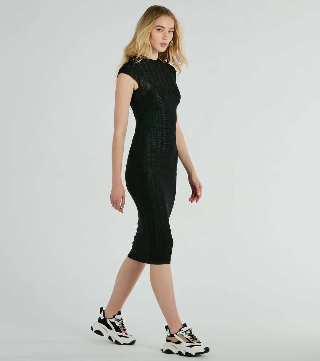 Casually Flawless Textured Crew Neck Midi Dress Black