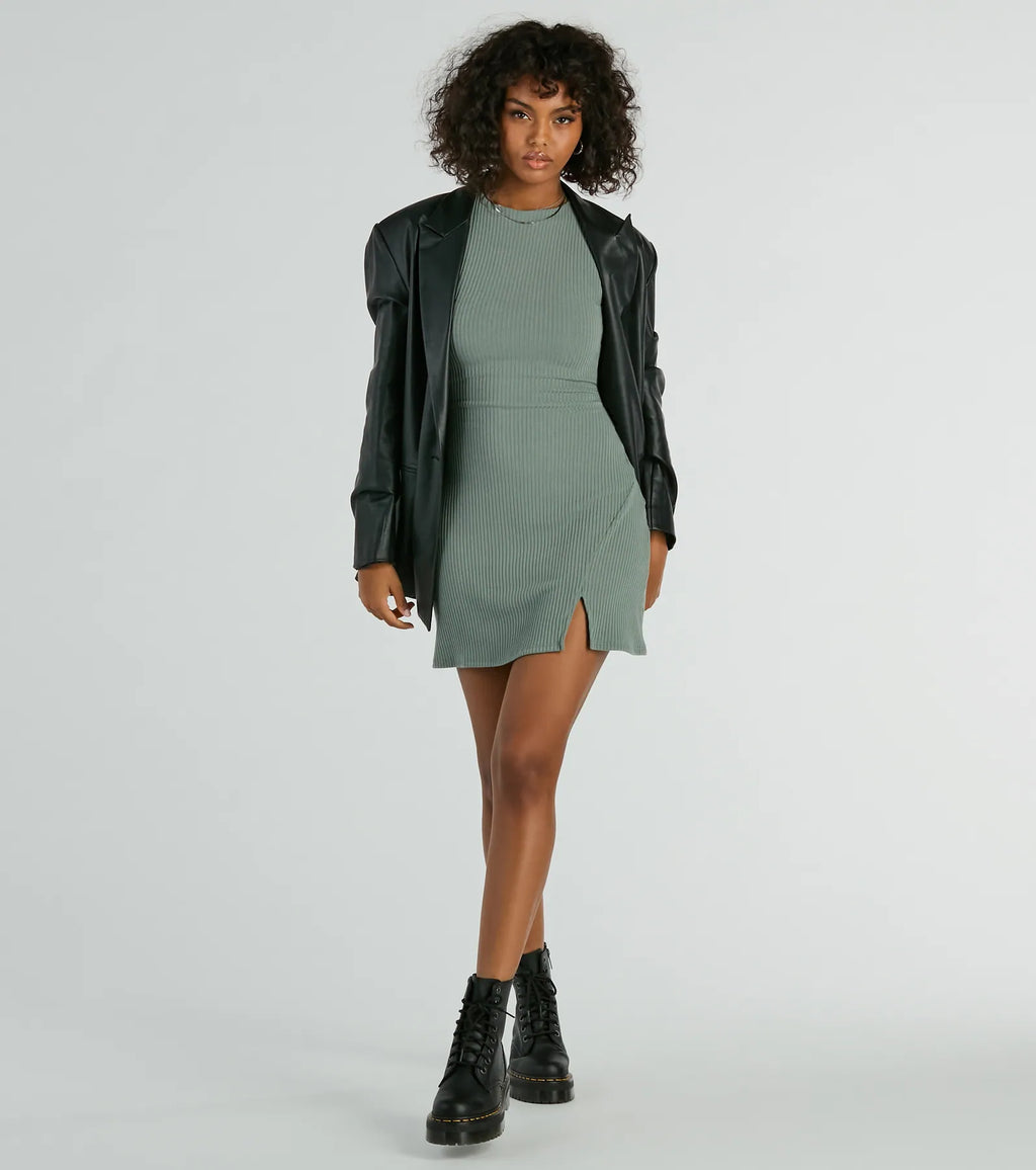 Note To Self ribbed knit A-line dress Sage