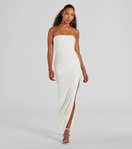 Tuscan Charm Strapless Slit Eyelet Maxi Dress White