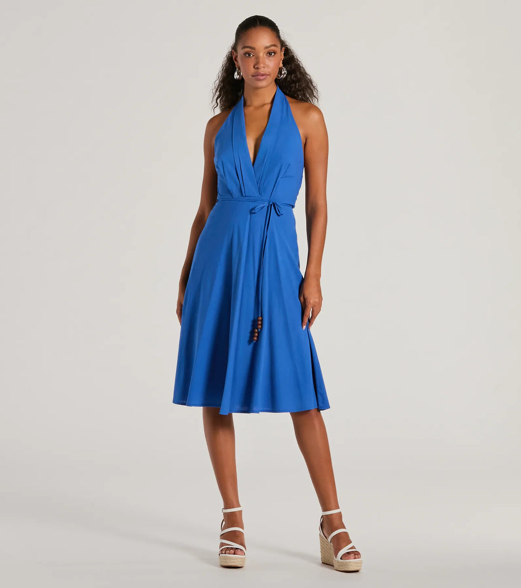 Delightful Charm Halter A-Line Midi Dress Natural Royal Natural-3 Royal-3