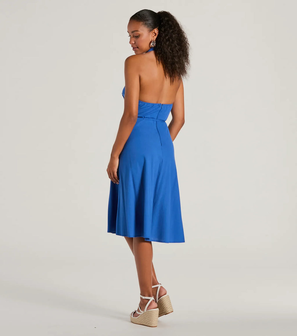 Delightful Charm Halter A-Line Midi Dress Natural Royal Natural-3 Royal-3