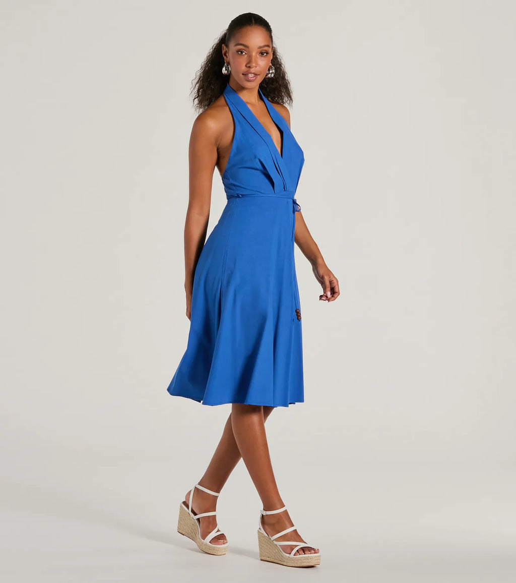 Delightful Charm Halter A-Line Midi Dress Natural Royal Natural-3 Royal-3