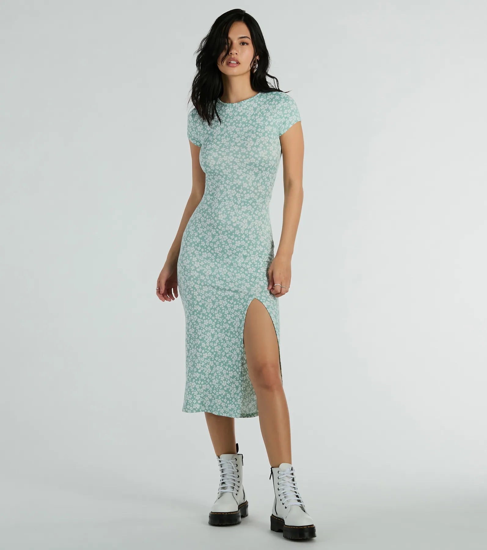 Floral Print Short Sleeves Sleeves Stretchy Cutout Slit Knit Spring Crew Neck Bodycon Dress/Midi Dress