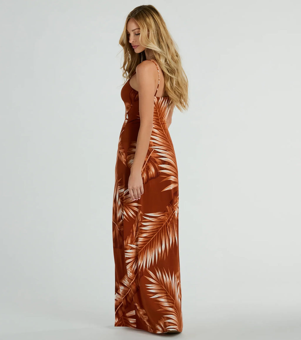 Island Breeze Tropical Cutout Slit Maxi Dress Rust