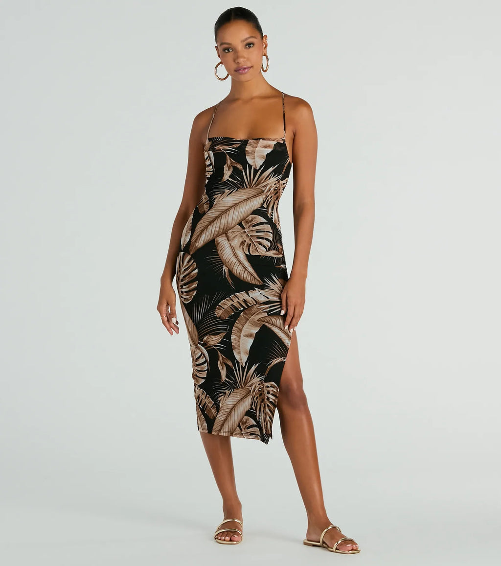 Vacay Seductive High-Slit Tropical Mesh Midi Dress Black