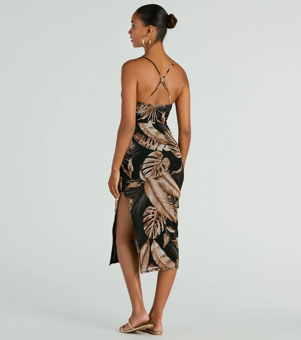 Vacay Seductive High-Slit Tropical Mesh Midi Dress Black