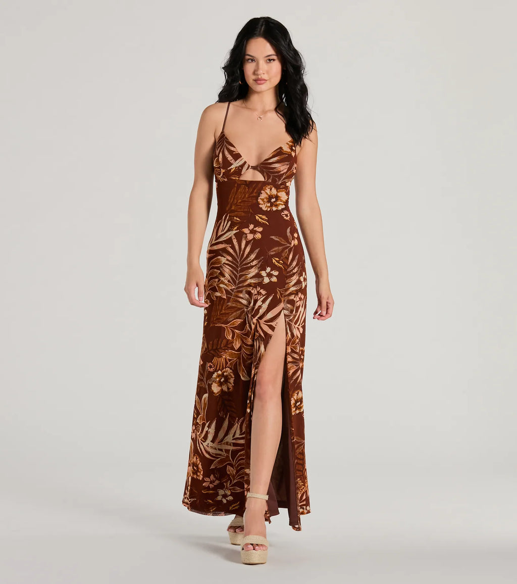 Paradise Pick Tropical Cutout V-Neck Maxi Dress Rust