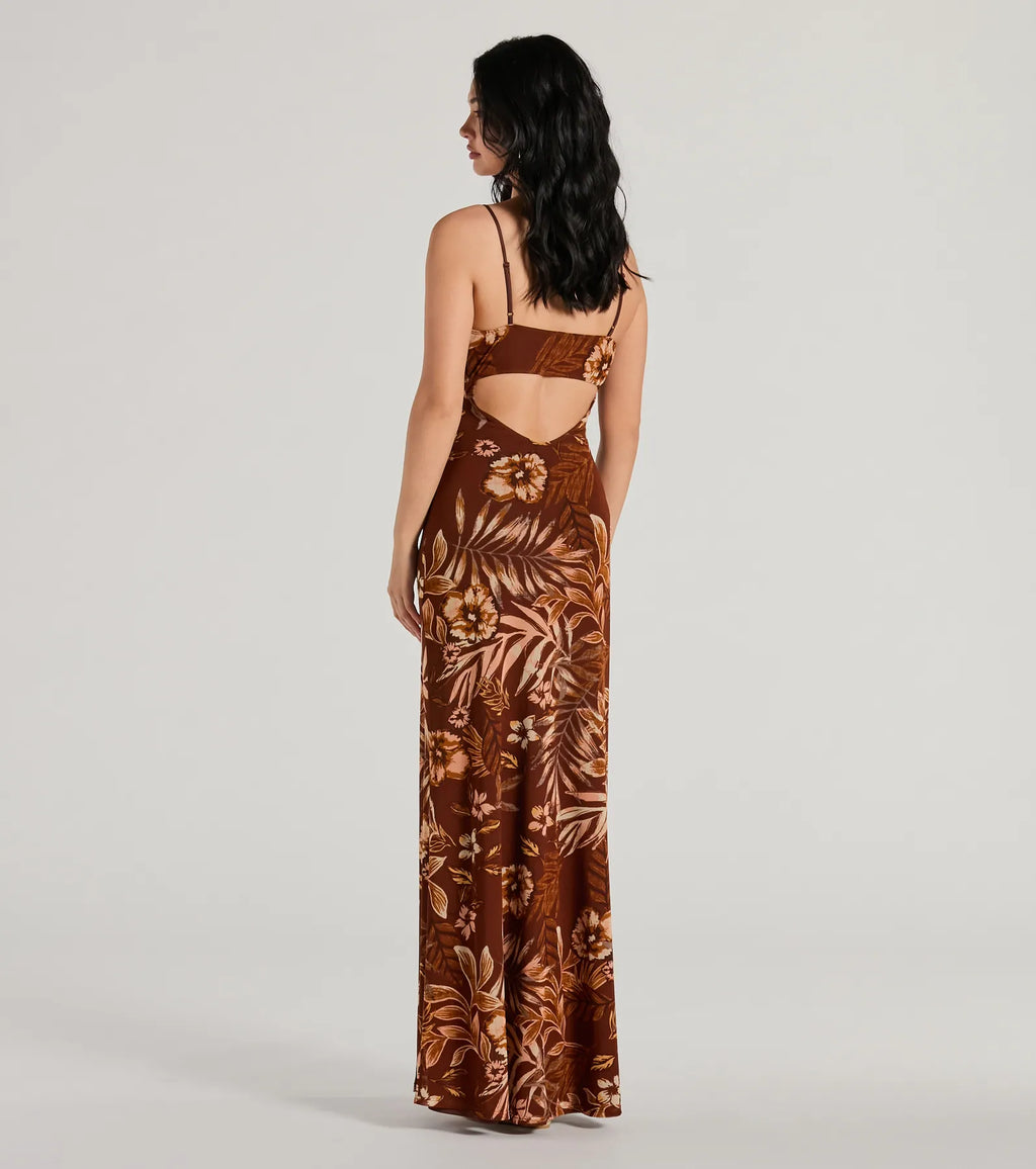 Paradise Pick Tropical Cutout V-Neck Maxi Dress Rust