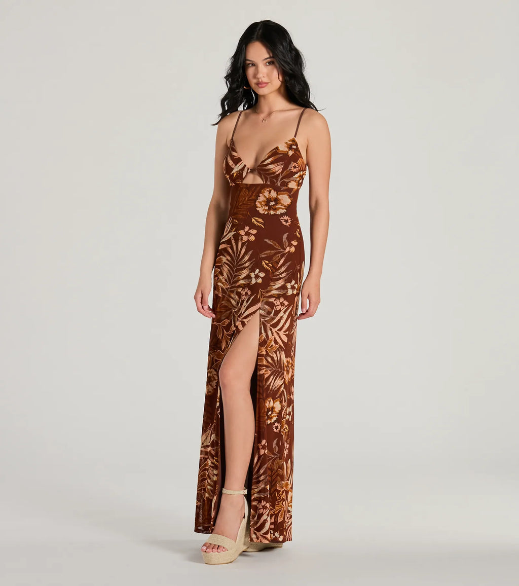 Paradise Pick Tropical Cutout V-Neck Maxi Dress Rust
