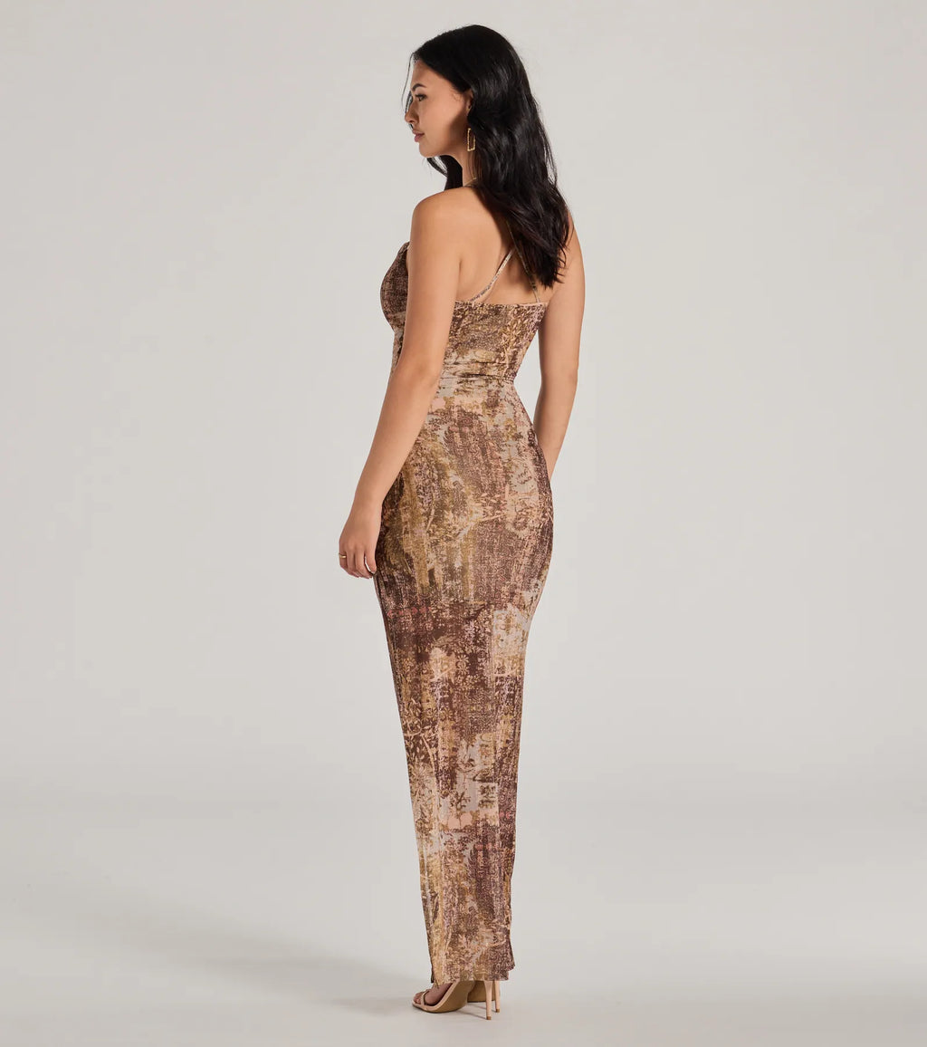 Perfect Style Cashmere Slit Cowl Neck Maxi Dress Brown