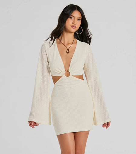 Perfect Vacation Long Sleeve V-Neck Cutout Mini Dress Ivory