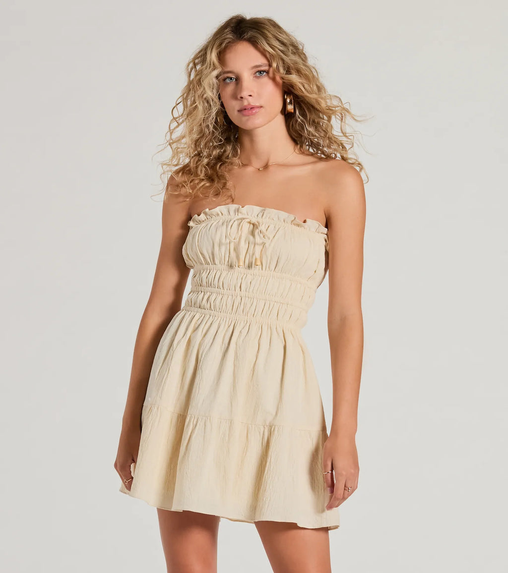 True Devotion Strapless Ruffle Mini Skater Dress Taupe