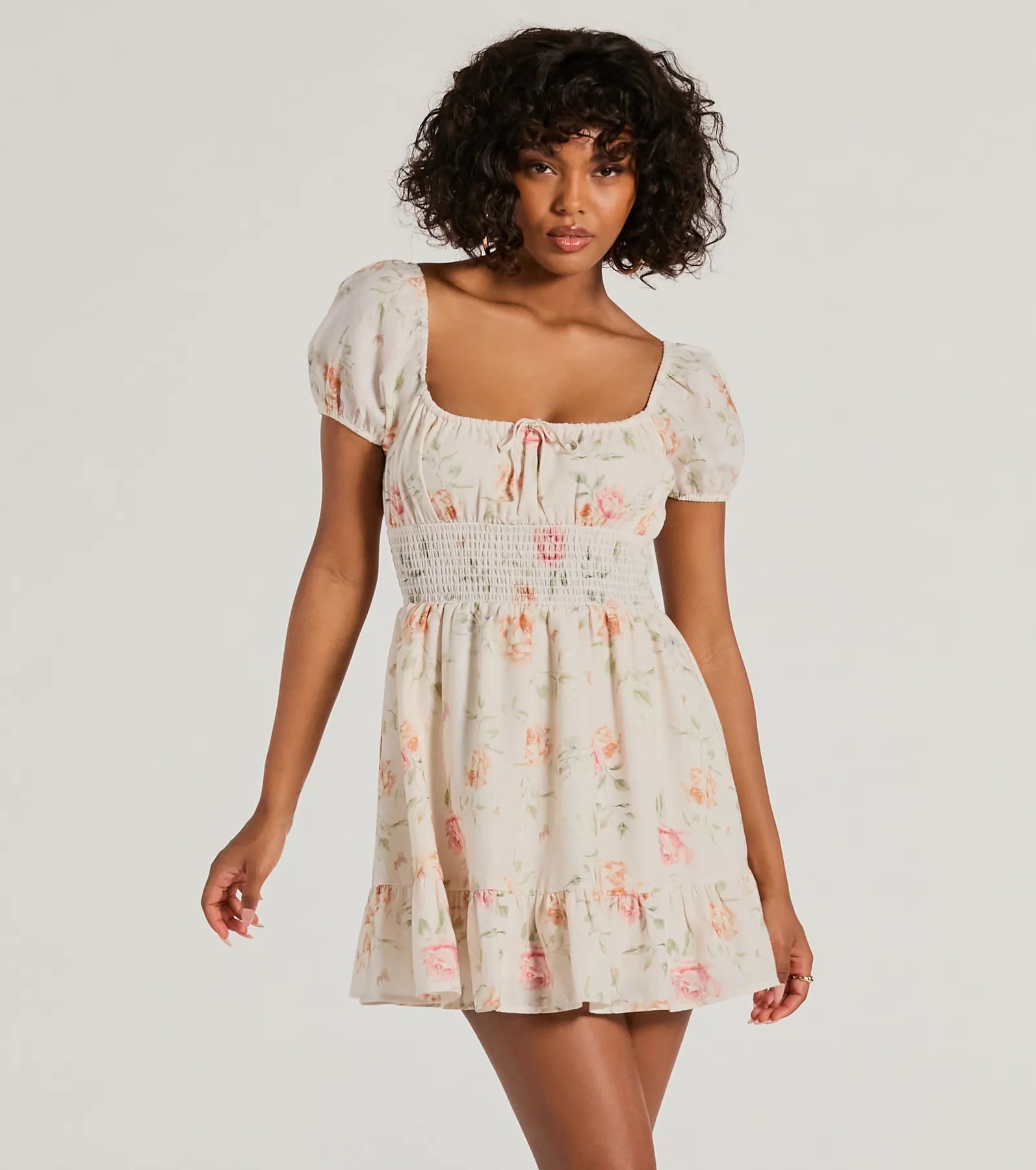 Summer Puff Sleeves Sleeves Stretchy Ruched Fitted Scoop Neck Smocked Lace Floral Print Fit-and-Flare Skater Dress/Midi Dress With Ruffles