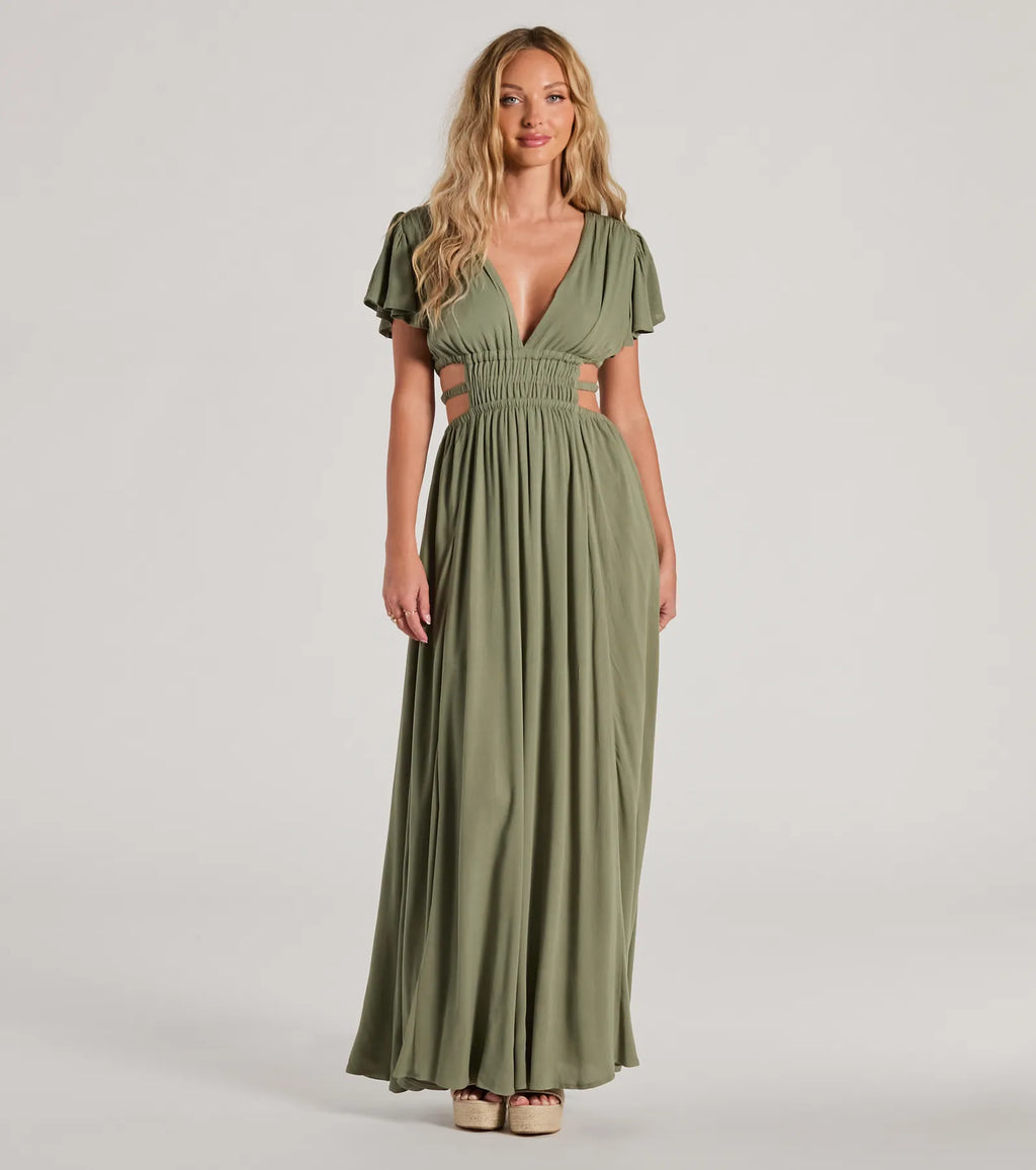 Make Hearts Flutter Short Sleeve Cutout Maxi Dress Sage