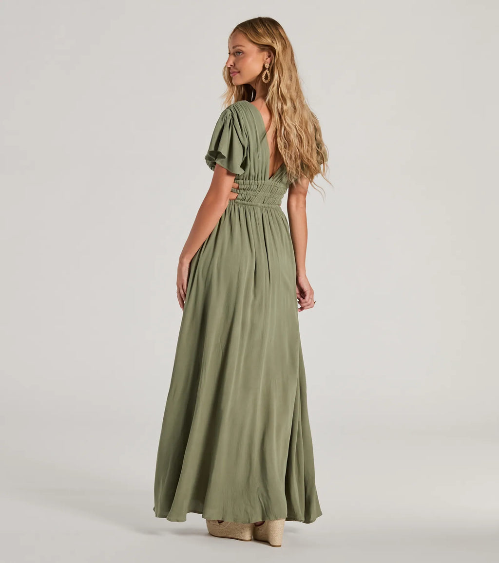 Make Hearts Flutter Short Sleeve Cutout Maxi Dress Sage