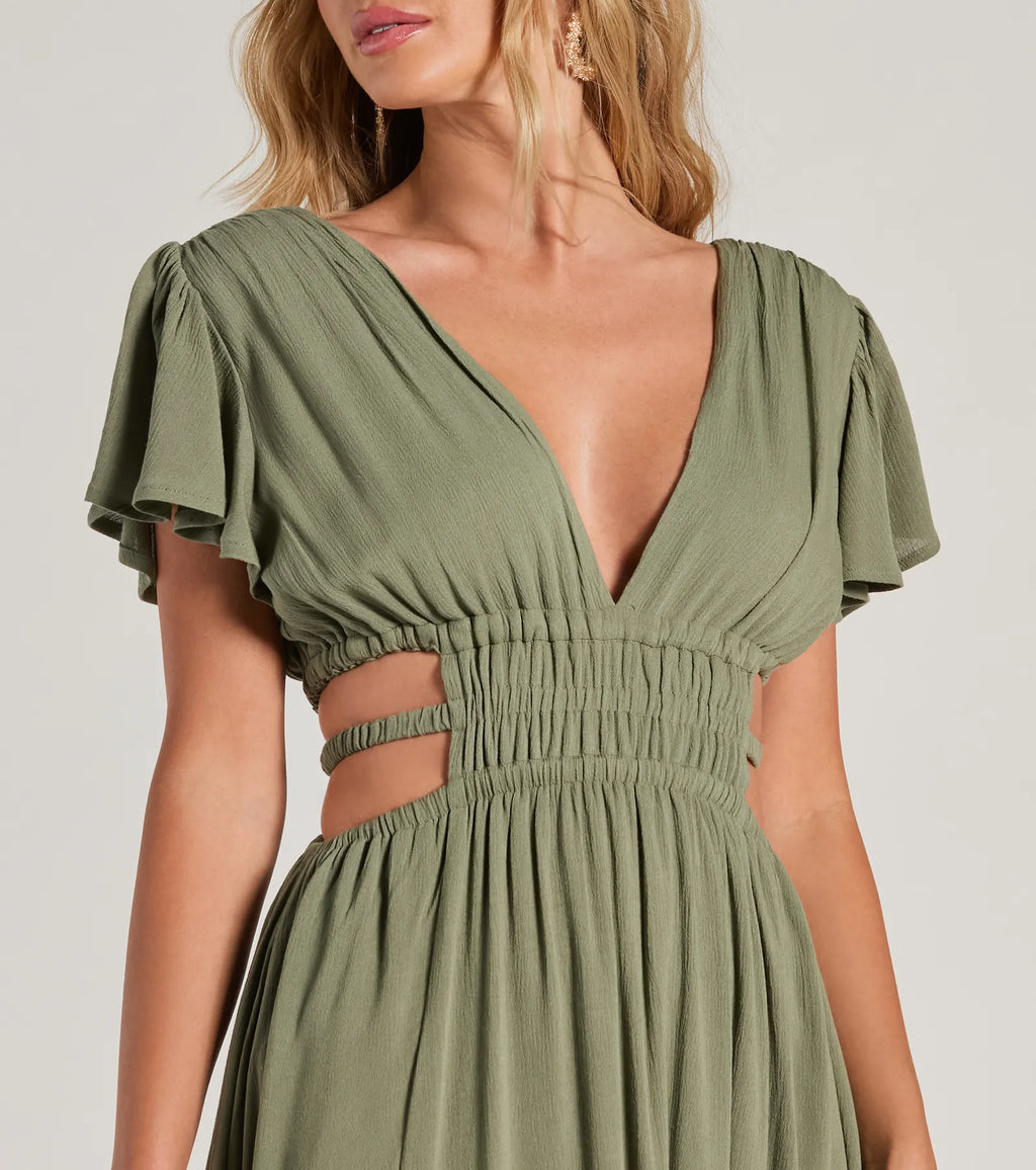 Make Hearts Flutter Short Sleeve Cutout Maxi Dress Sage