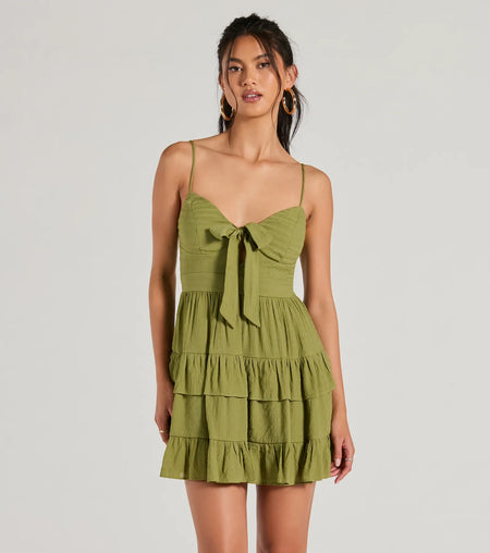 Charming Allure Ruffle Tie Front Skater Dress Olive Taupe Black Olive-3 Black-2
