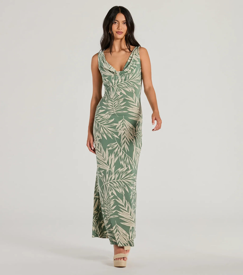 Fabulous Destination Tropical Cowl Neck Maxi Dress Sage
