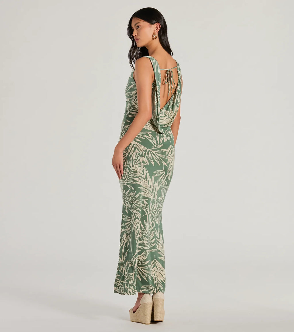 Fabulous Destination Tropical Cowl Neck Maxi Dress Sage
