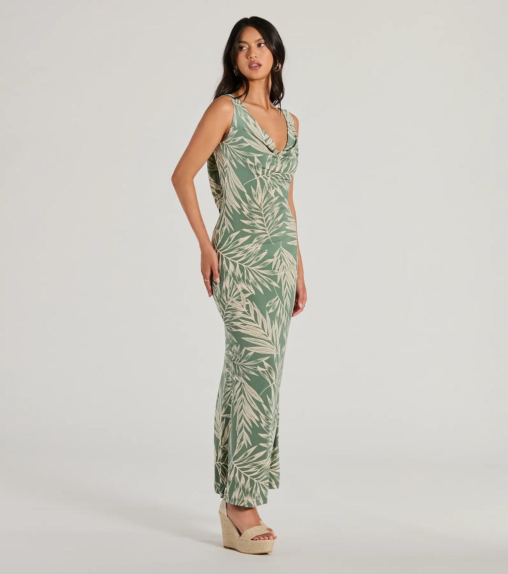 Fabulous Destination Tropical Cowl Neck Maxi Dress Sage