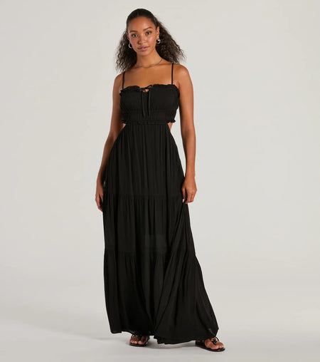 Long woven dress with ruffles and cutouts with an airy look Black
