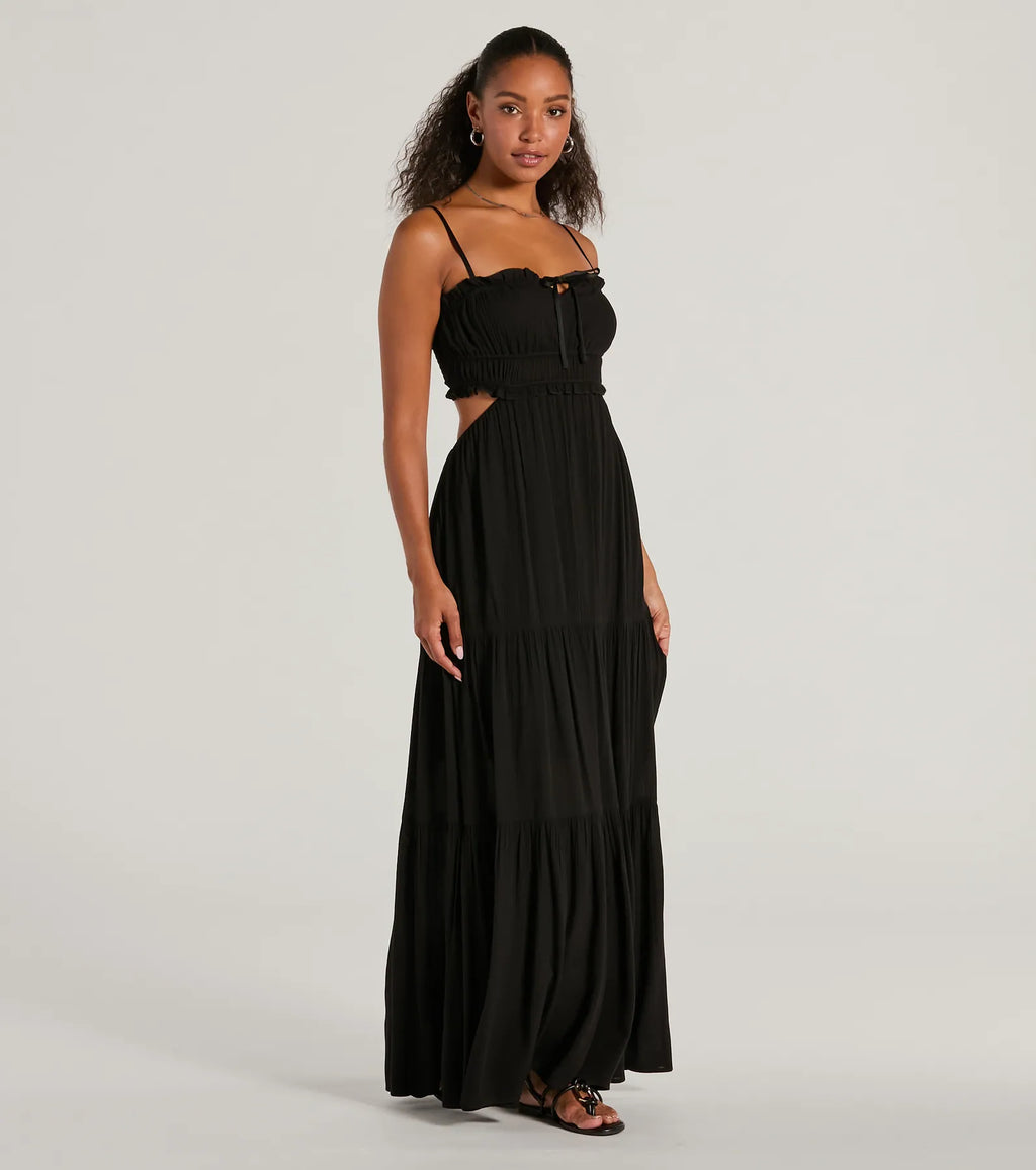 Long woven dress with ruffles and cutouts with an airy look Black