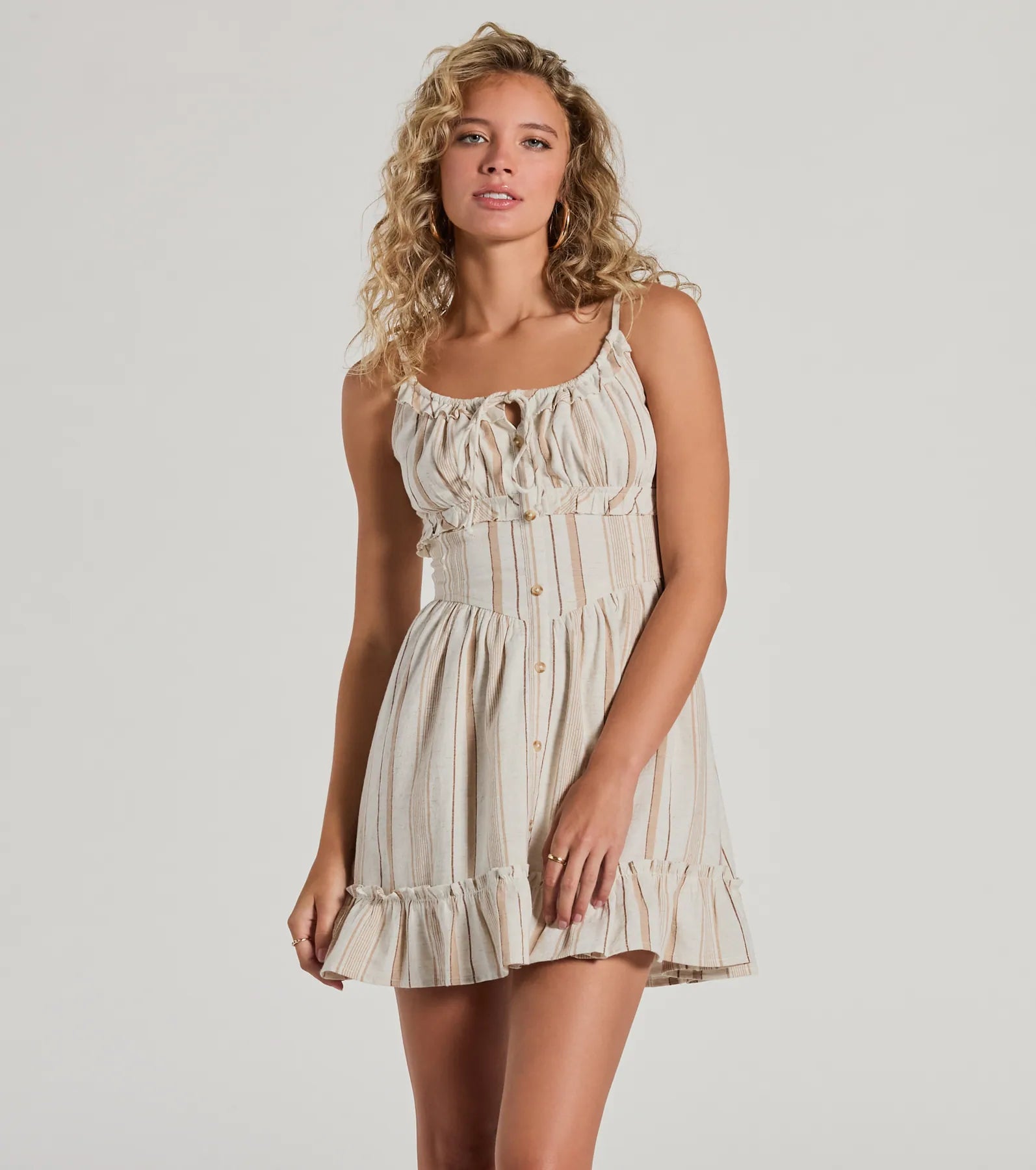 Ruffle Trim Striped Print Summer Scoop Neck Spaghetti Strap Button Front Skater Dress/Midi Dress