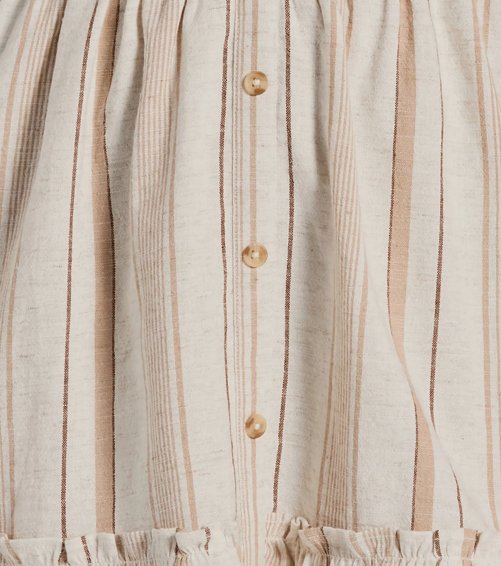 Cute Style Button Ruffle Striped Linen Skater Dress Natural