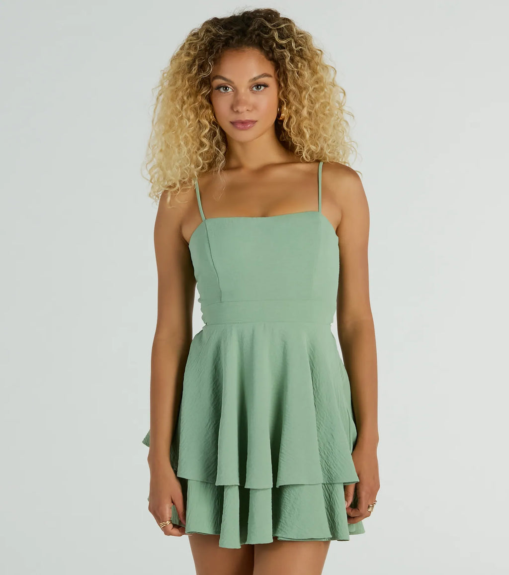 Divine Cutie Ruffle Tie Back Skater Dress Denim Sage Denim-3 Sage-3