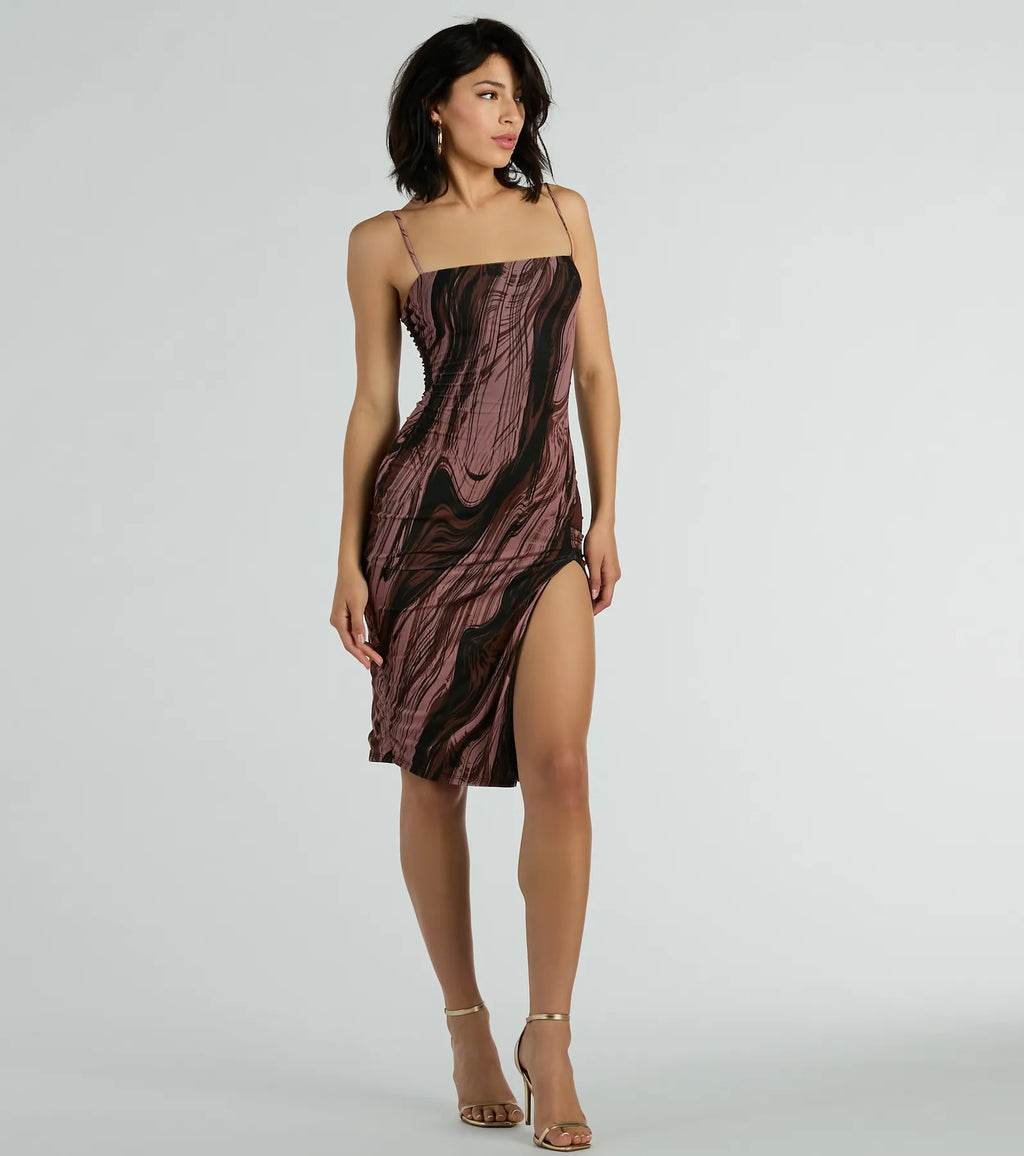 Abstract Beauty Print Slit Midi Dress Mocha