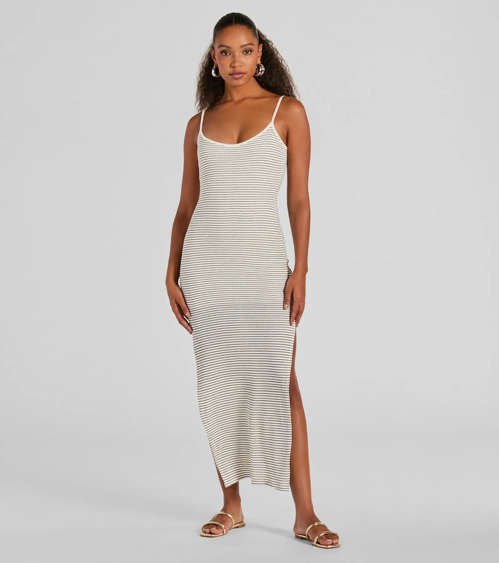Weekend Vibes High-Slit Striped Knit Maxi Dress White
