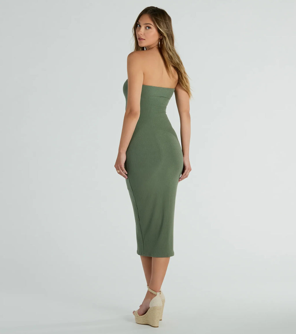 She's The Main Strapless Rib Knit Midi Dress Ivory Brown Sage Gray