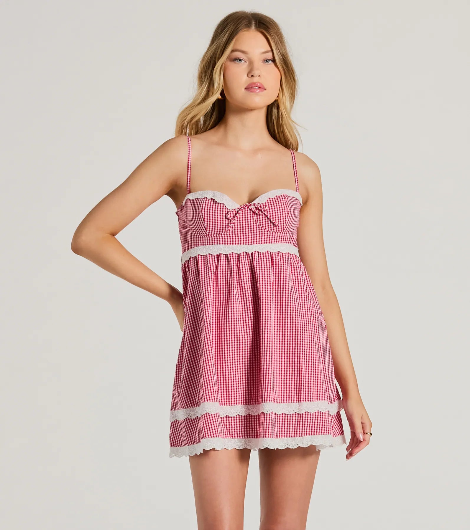 Lace Trim Sweetheart Summer Short Cotton Checkered Gingham Print Spaghetti Strap Dress