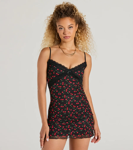Cherry on Top V-Neck Mesh Mini Dress with Lace Trim Black