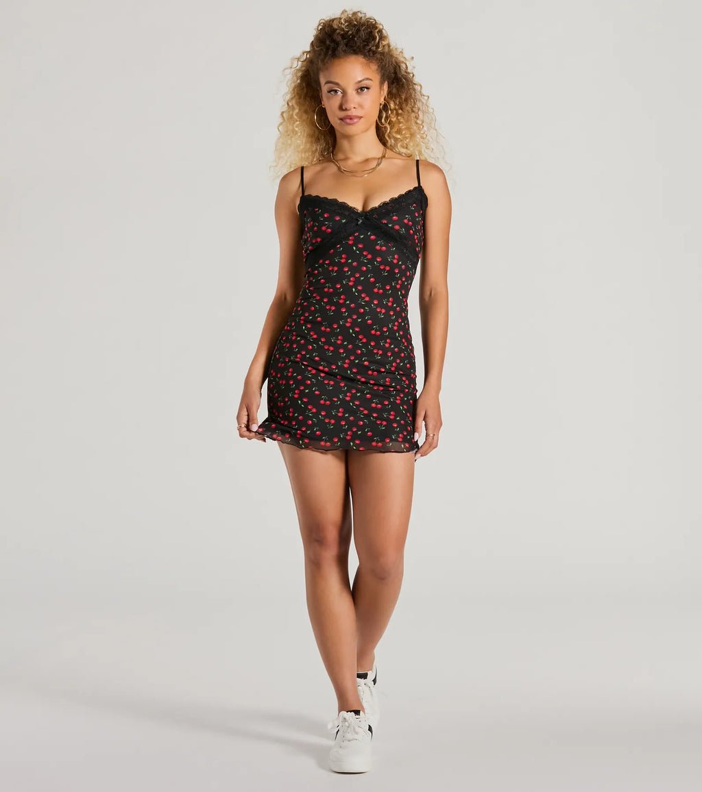 Cherry on Top V-Neck Mesh Mini Dress with Lace Trim Black