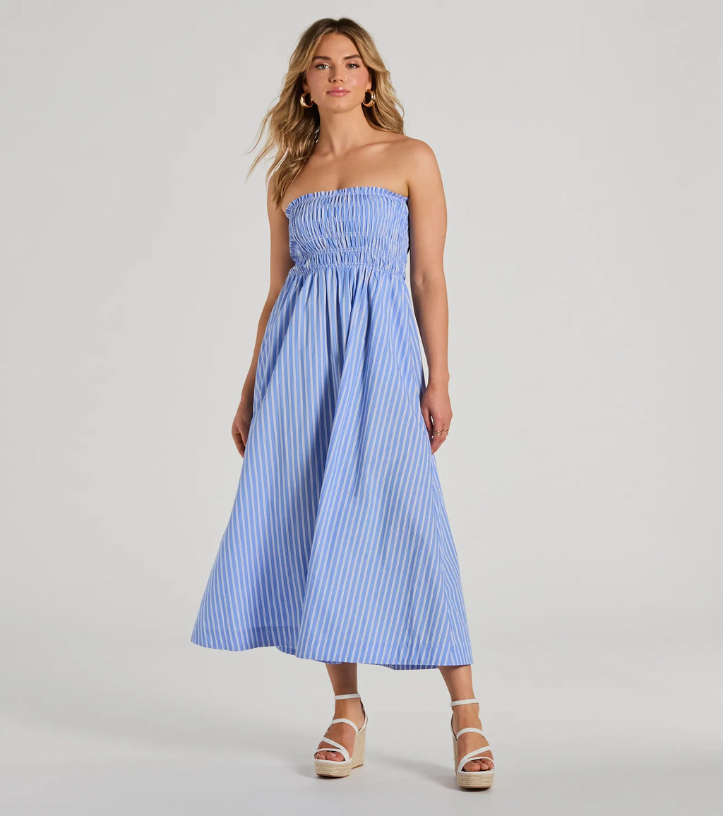 Signature Stripe Strapless A-Line Maxi Dress Blue