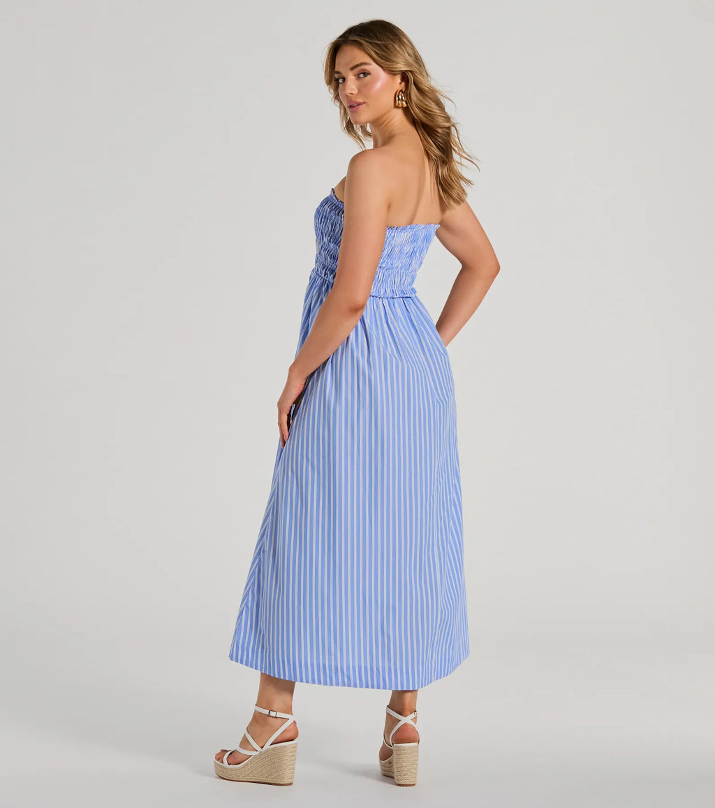 Signature Stripe Strapless A-Line Maxi Dress Blue